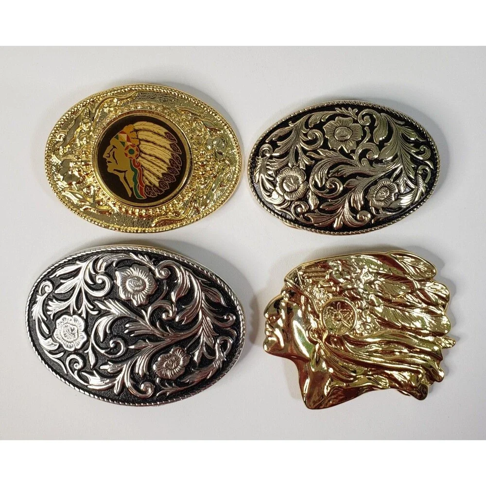 Vintage Western Belt Buckle Lot Native American Chief Floral Gold & Silver Tone